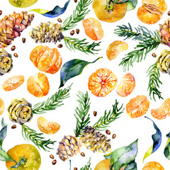 Coniferous, forest, rustic, seamless pattern with cones and branches. Citrus, tasty, orange fruit tangerines. Watercolor. Illustration