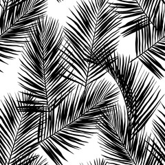 Black vector palm leaves isolated on white background. Hand drawn seamless pattern. Perfect for fabric, wallpaper or wrapping paper.