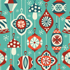 Vintage Christmas ornaments seamless vector background. Hand drawn repetitve pattern. Perfect for fabric, wallpaper or wrapping paper.