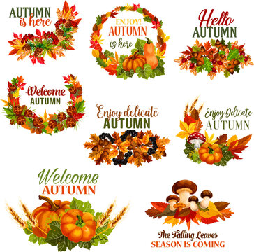 Autumn Welcome Hello Fall vector leaf wreath icons
