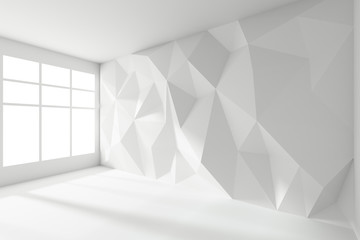 Abstract white room with rumpled wall and sunlight from window