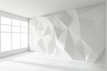 Abstract white room with rumpled wall and window
