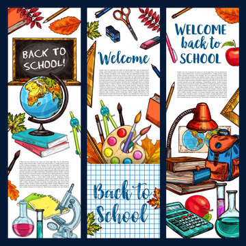Back to School vector sketch stationery banners