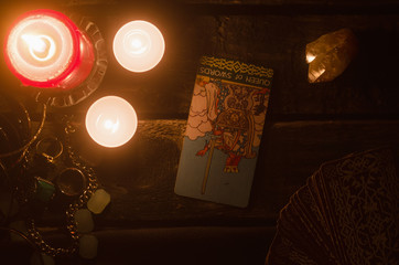 Queen of swords inverted Tarot card. Fortune teller.