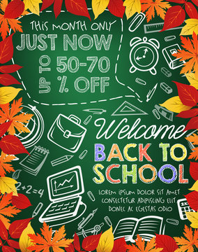 Back to school sale banner on chalkboard with leaf