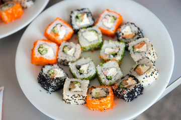Assorted sushi plate top view. Japanese cuisine.