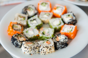 Assorted sushi plate top view. Japanese cuisine.