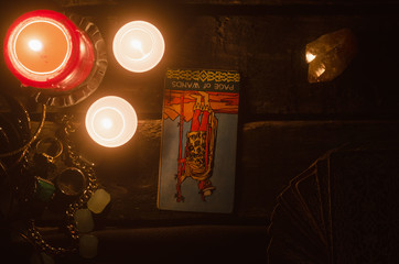 Page of wands inverted Tarot card. Fortune teller.