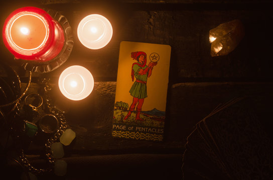 Page of pentacles Tarot card. Fortune teller.