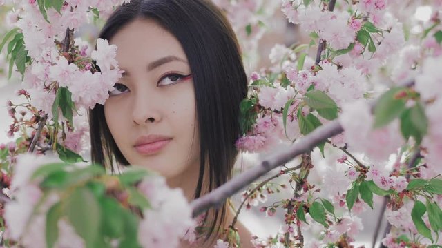 Outdoor fashion concept shoot of beautiful young asian woman surrounded by flowers on spring. Perfect model with creative vivid makeup and pink lipstick on lips and traditional japanese hairstyle