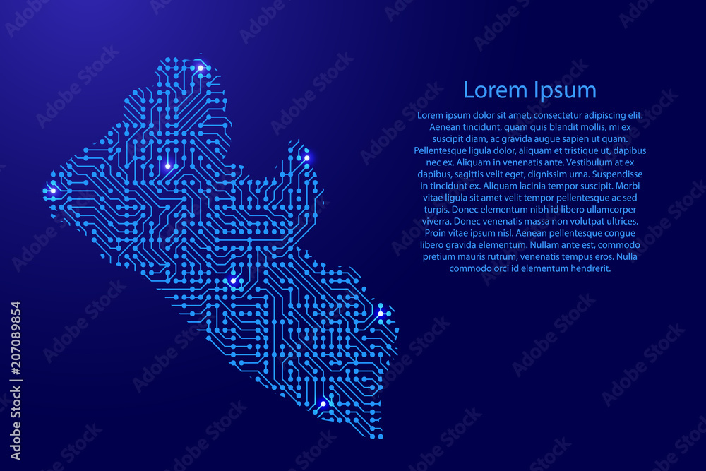 Fototapete map liberia from printed board, chip and radio component with blue star space on the contour for ban