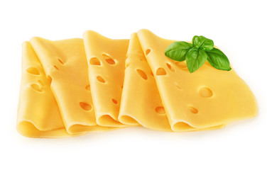 Cheese slices and basil isolated on white background.