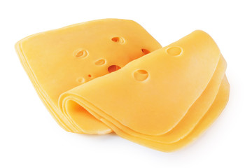 Cheese slices isolated on white background.