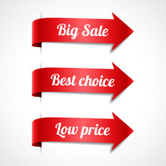 Set of decorative sale red ribbon arrows with text, vector illustration