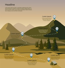 Layers of mountain landscape with fir forest. Tourism route infographic. Vector illustration.	