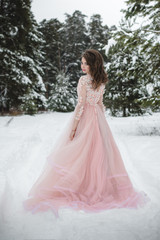 Fototapeta na wymiar Girl in a beautiful pink dress in a winter forest