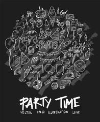 Party doodle illustration circle form wallpaper background line sketch style set on chalkboard eps10