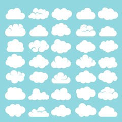 Cartoon clouds. White cumulus cloud shapes on blue sky background vector illustration
