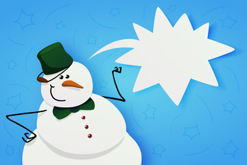 Snowman with green bucket and green bow tie.