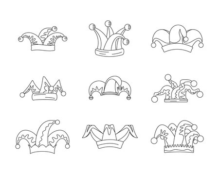Jester fools hat icons set. Outline illustration of 9 Jester fools hat vector icons for web