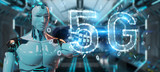 White cyborg using 5G network digital hologram 3D rendering