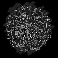 Business doodle illustration circle form wallpaper background line sketch style set on chalkboard eps10