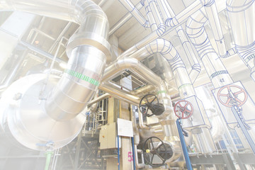 wireframe computer cad design concept image. industrial piping in the factory combined with drawing, smart plant solution idea