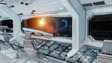 White clean spaceship interior with view on planet Earth 3D rendering