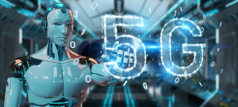 White cyborg using 5G network digital hologram 3D rendering