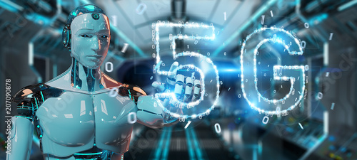 White cyborg using 5G network digital hologram 3D rendering
