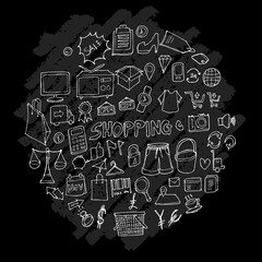 Shopping doodle illustration circle form wallpaper background line sketch style set on chalkboard eps10