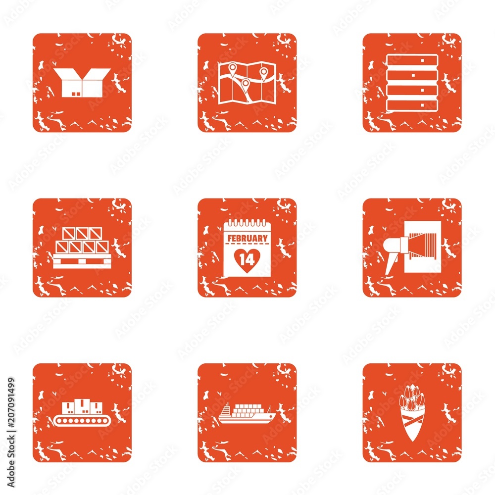 Poster present delivery icons set. grunge set of 9 present delivery vector icons for web isolated on white 