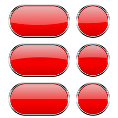 Red glass buttons with chrome frame. 3d icons