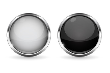 Black and white buttons with chrome frame. Round glass shiny 3d icon