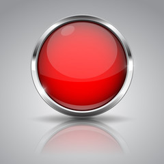 Red button with chrome frame on gray background. Round glass shiny 3d icon