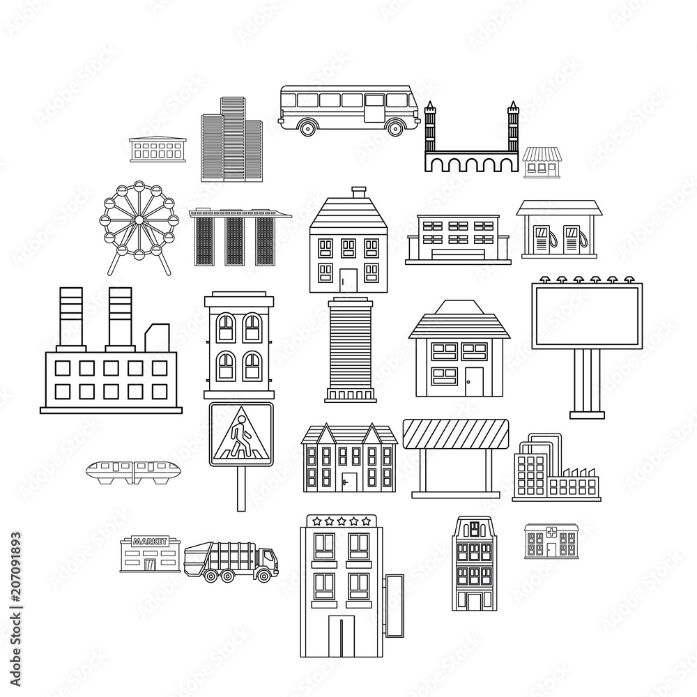 Poster skyscrapers icons set. outline set of 25 skyscrapers vector icons for web isolated on white backgrou