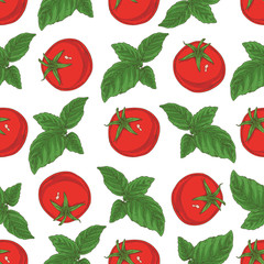 Seamless Pattern. Tomatoes and Basil