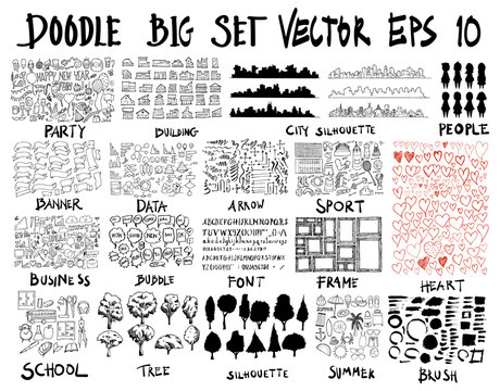 Doodle Vector Big collection of      party, building, city, people, banner, data, arrow, sport, business, bubble, font, frame, heart, school, tree, summer, brush eps10