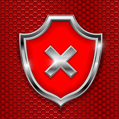 Red shield sign. Decline 3d symbol on red perforated background