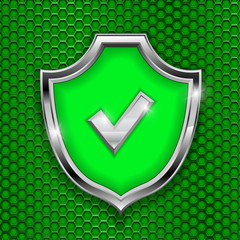 Green shield sign. Accept 3d symbol on green perforated background