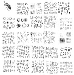 Big set of doodles vector element collection of unicorn, pin, pattern, cloud, star, sun, leaf, sticker, Emotion, idea, paper plane, flower, clock, sign, burst, crown eps10