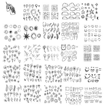 Big set of doodles vector element collection of unicorn, pin, pattern, cloud, star, sun, leaf, sticker, Emotion, idea, paper plane, flower, clock, sign, burst, crown eps10