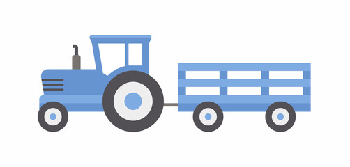 Blue tractor with trailer. flat style. isolated on white background