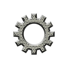 Metal dot textured badge in form of cogwheel.
