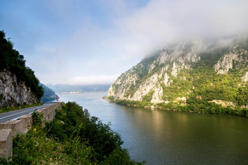 Summer landscape of Danube Gorge, at the border between Romania and Serbia. Mraconia orthodox monastery 