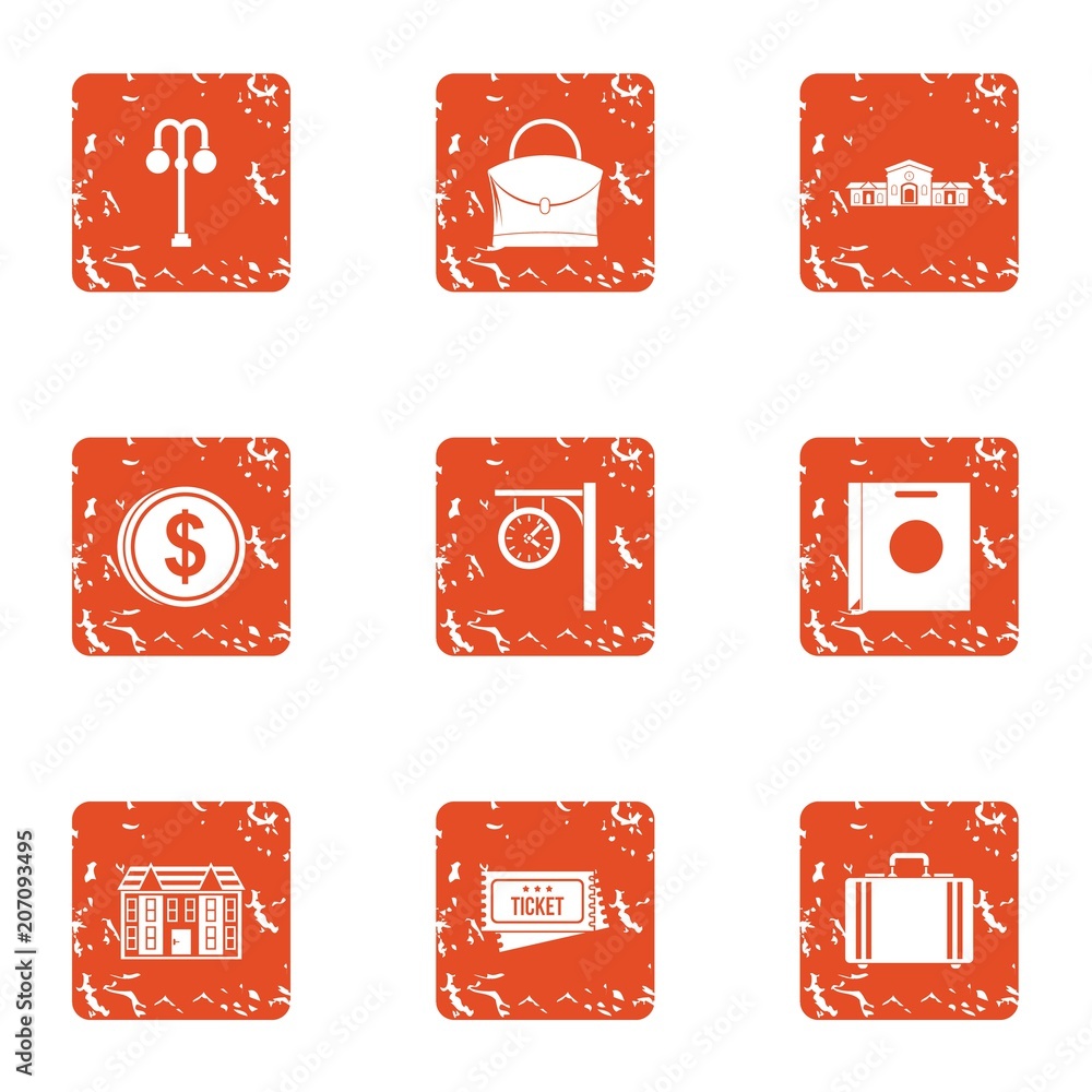 Poster money building icons set. grunge set of 9 money building vector icons for web isolated on white back