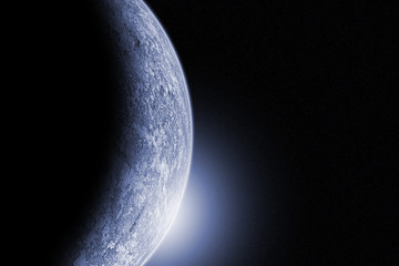 Ice planet in dark space, illustration generated by computer