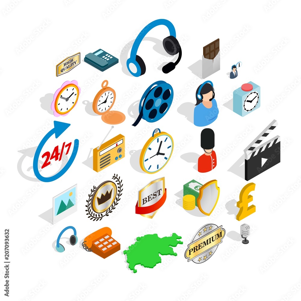 Poster around the clock icons set. isometric set of 25 around the clock vector icons for web isolated on wh