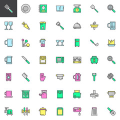 Kitchen tools filled outline icons set, line vector symbol collection, linear colorful pictogram pack. Signs, logo illustration, Set includes icons as Whisk, Dish, Recipe cooking book, Bottle opener