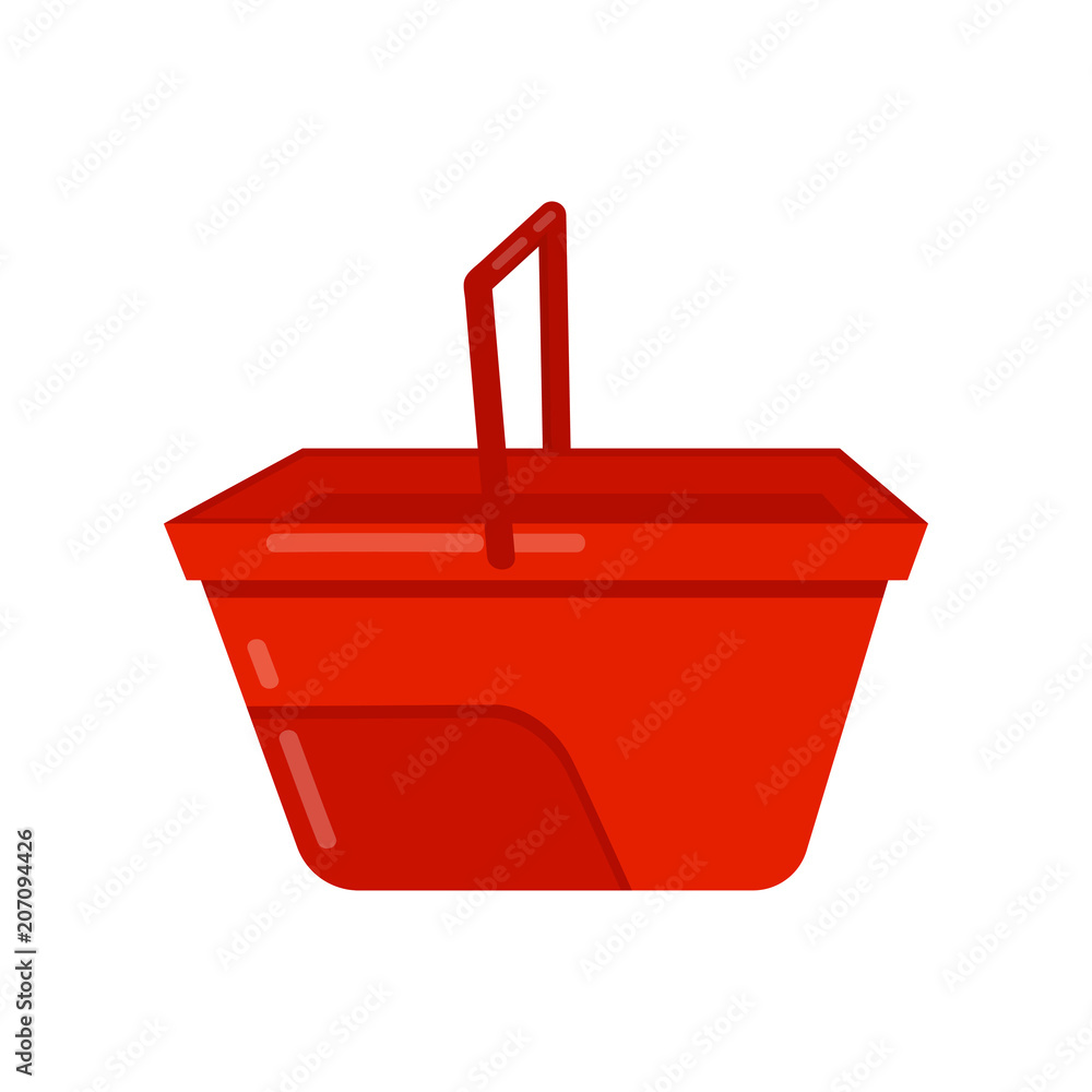 Poster empty bright red bucket with handle. plastic container for carry liquids. flat vector icon of small 